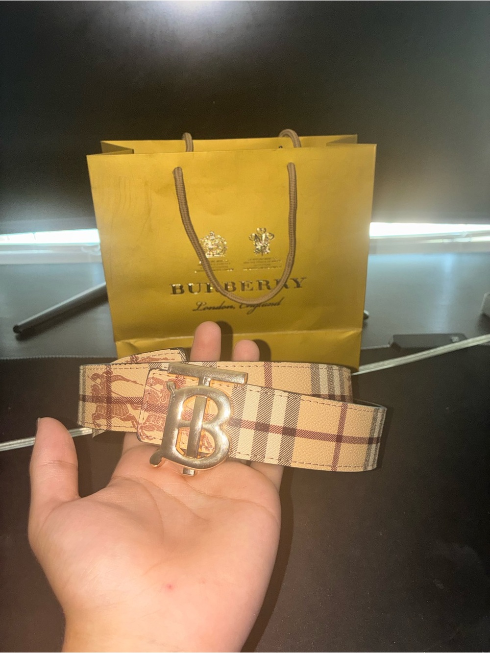 Burberry Tan Plaid TB Logo Buckle Belt